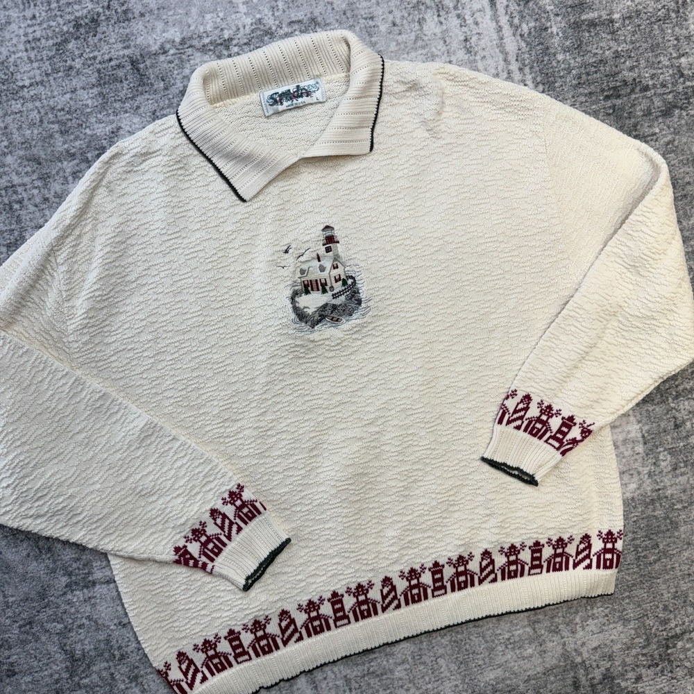 VTG Chelsea Gardens Sweater Large Cream Collared Lighthouse Coastal Grandma 90s